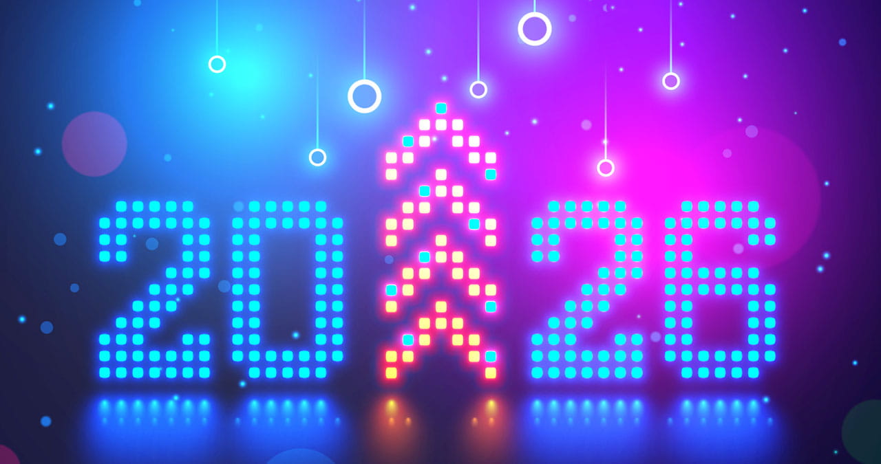 Colorful digital display with the year 2026 on a vibrant, futuristic background.