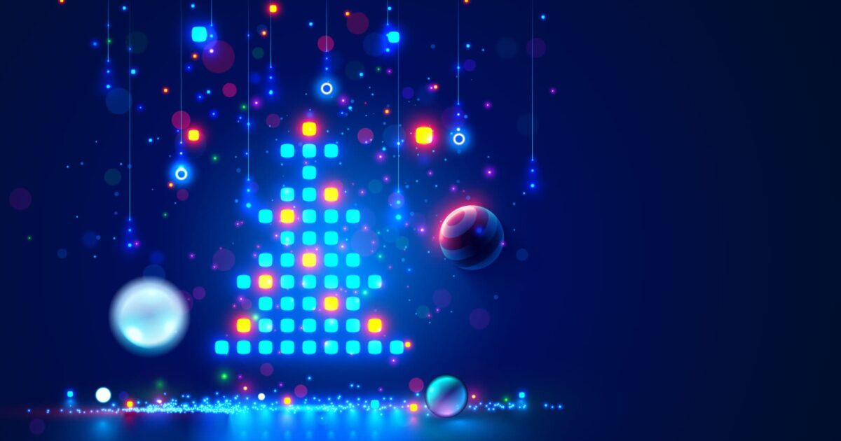 Colorful pixelated tree with glowing lights and orbs on a dark blue background, symbolizing modern IT tech and support services.