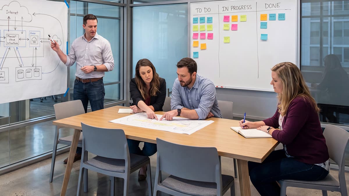 IT team reviewing a post-migration Microsoft 365 security checklist and cloud infrastructure plan.
